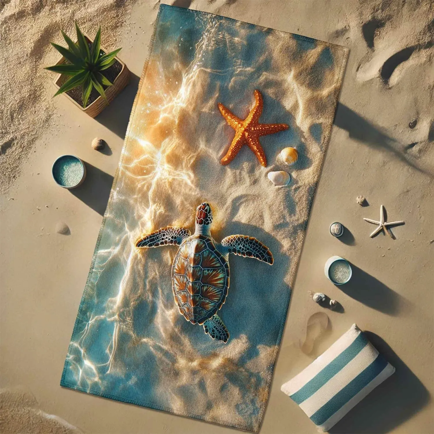 Ocean-Inspired Microfiber Beach Towel Aqua Turtle Starfish Design Quick Dry Soft Sand Free Lightweight Beach Blanket, Ideal for Pool Travel Vacation Picnic Essentials 62x31 Inch