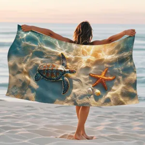 Ocean-Inspired Microfiber Beach Towel Aqua Turtle Starfish Design Quick Dry Soft Sand Free Lightweight Beach Blanket, Ideal for Pool Travel Vacation Picnic Essentials 62x31 Inch