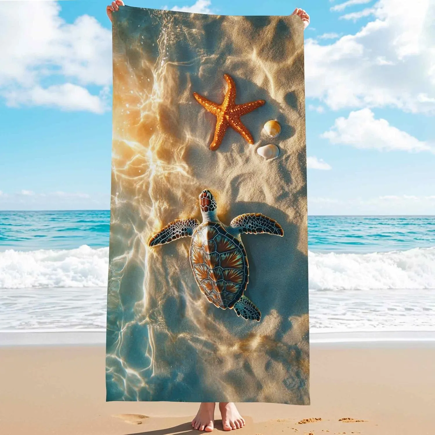 Ocean-Inspired Microfiber Beach Towel Aqua Turtle Starfish Design Quick Dry Soft Sand Free Lightweight Beach Blanket, Ideal for Pool Travel Vacation Picnic Essentials 62x31 Inch