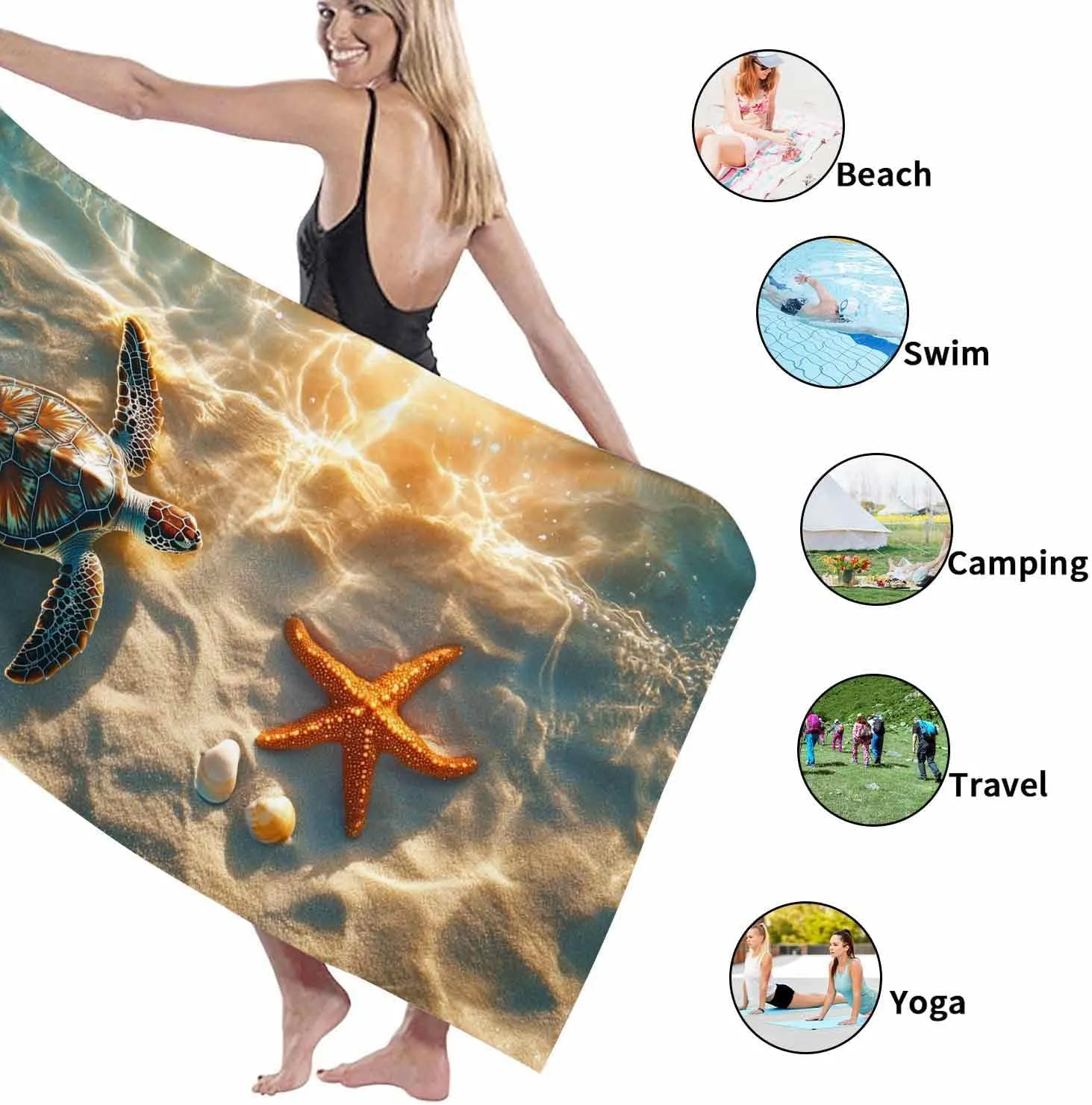 Ocean-Inspired Microfiber Beach Towel Aqua Turtle Starfish Design Quick Dry Soft Sand Free Lightweight Beach Blanket, Ideal for Pool Travel Vacation Picnic Essentials 62x31 Inch