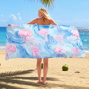 Ocean Jellyfish Beach Towel Blue Art Design Quick Dry Absorbent Soft Sand Free Oversized Lightweight Beach Blanket, Summer Vacation Pool Picnic Essentials 62x31 Inch