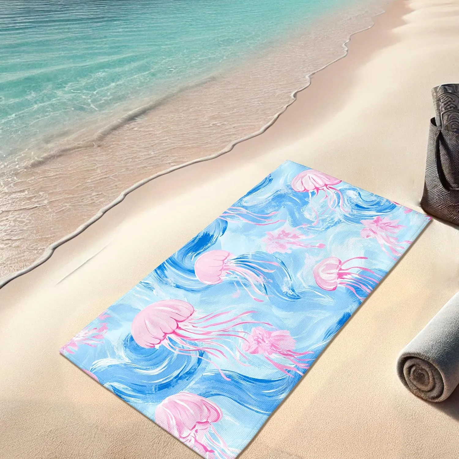 Ocean Jellyfish Beach Towel Blue Art Design Quick Dry Absorbent Soft Sand Free Oversized Lightweight Beach Blanket, Summer Vacation Pool Picnic Essentials 62x31 Inch