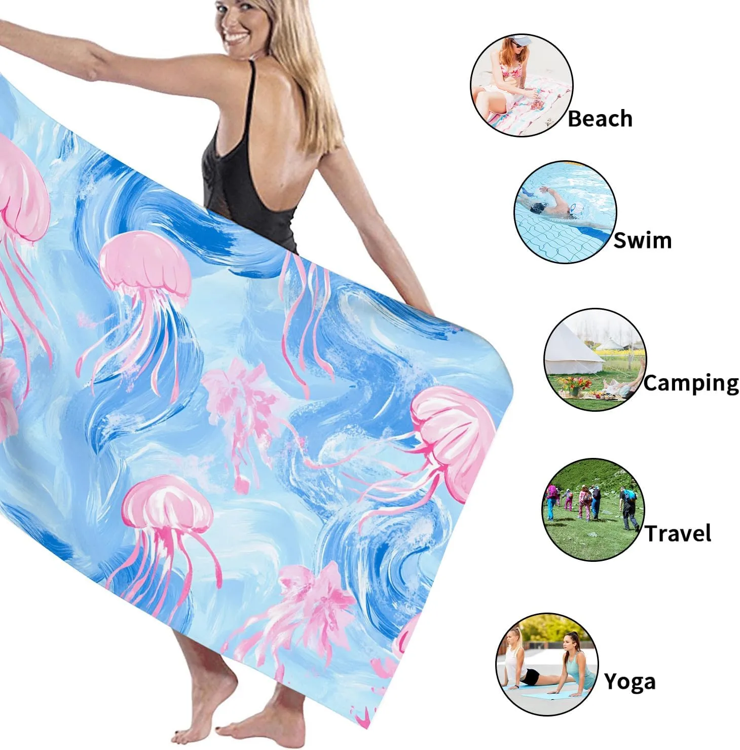 Ocean Jellyfish Beach Towel Blue Art Design Quick Dry Absorbent Soft Sand Free Oversized Lightweight Beach Blanket, Summer Vacation Pool Picnic Essentials 62x31 Inch