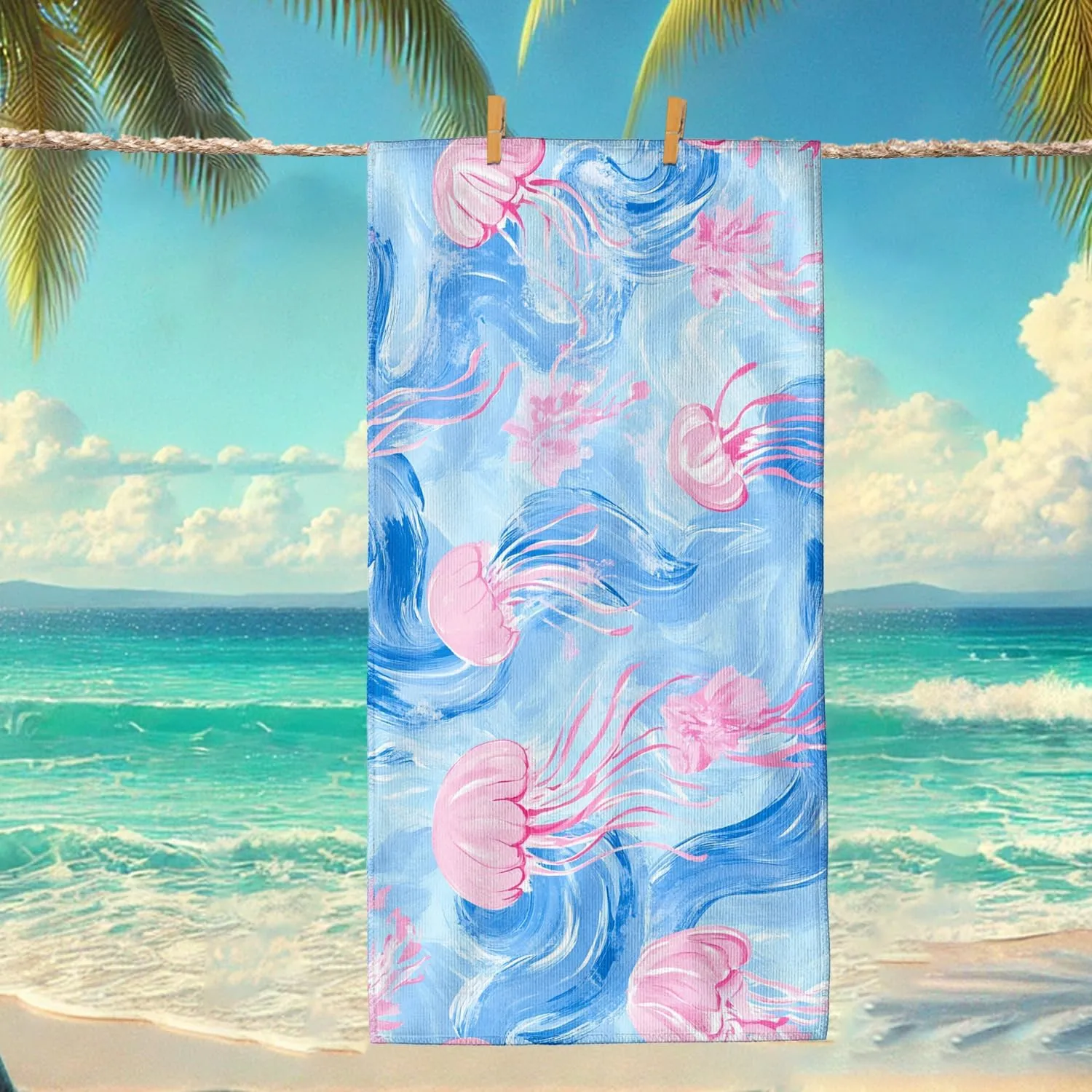 Ocean Jellyfish Beach Towel Blue Art Design Quick Dry Absorbent Soft Sand Free Oversized Lightweight Beach Blanket, Summer Vacation Pool Picnic Essentials 62x31 Inch