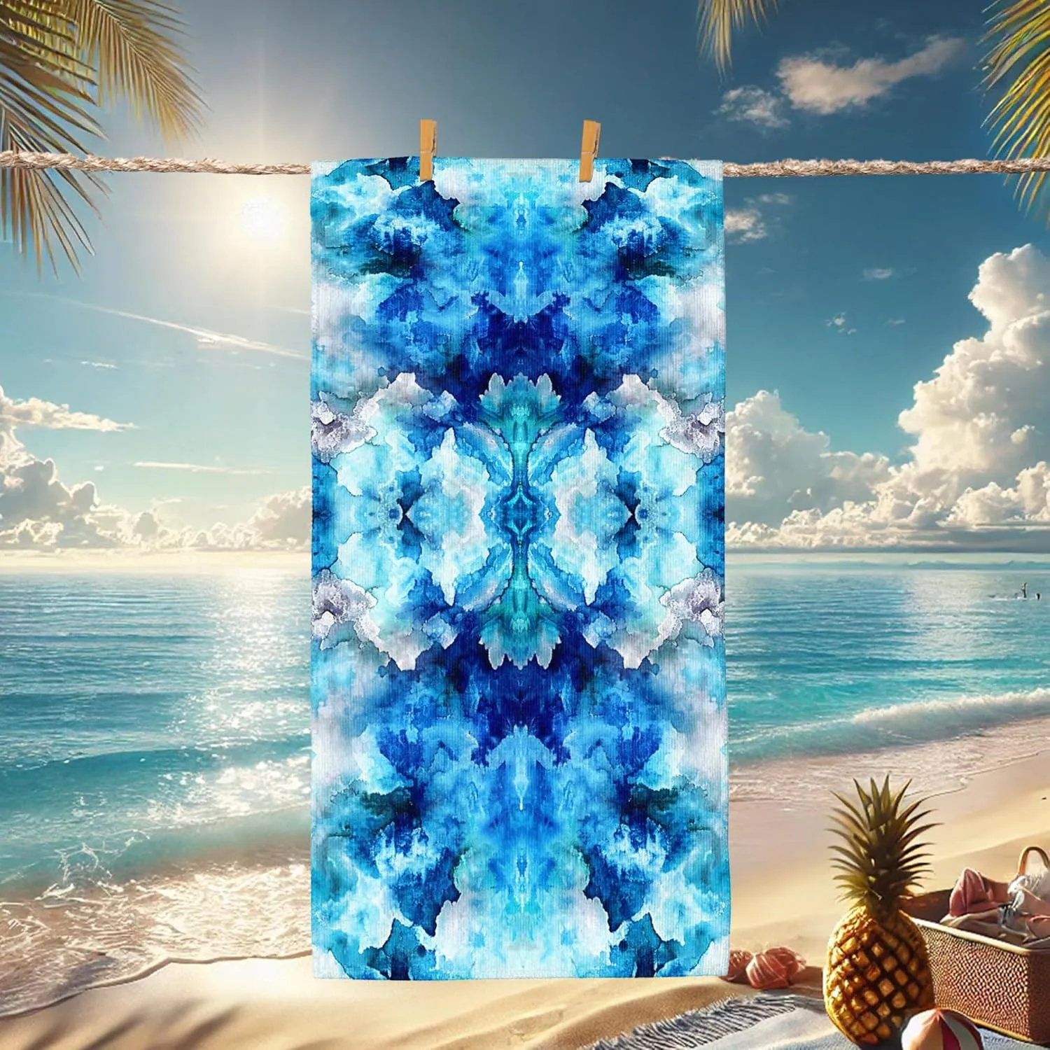 Ocean Waves Microfiber Beach Towel Blue Abstract Watercolor Design Quick Dry Absorbent Soft Lightweight Sand Free Bath Blanket Pool Travel Picnic Essentials 62x31 Inch