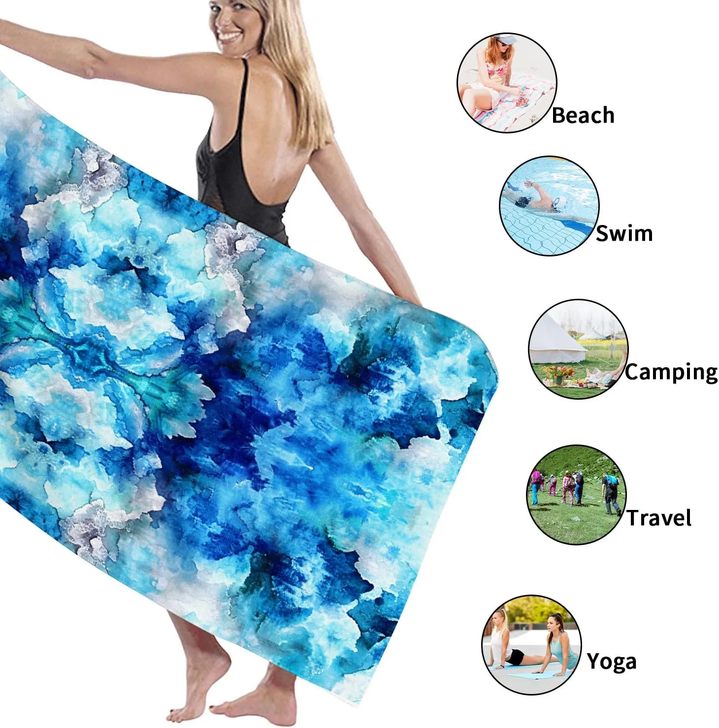 Ocean Waves Microfiber Beach Towel Blue Abstract Watercolor Design Quick Dry Absorbent Soft Lightweight Sand Free Bath Blanket Pool Travel Picnic Essentials 62x31 Inch