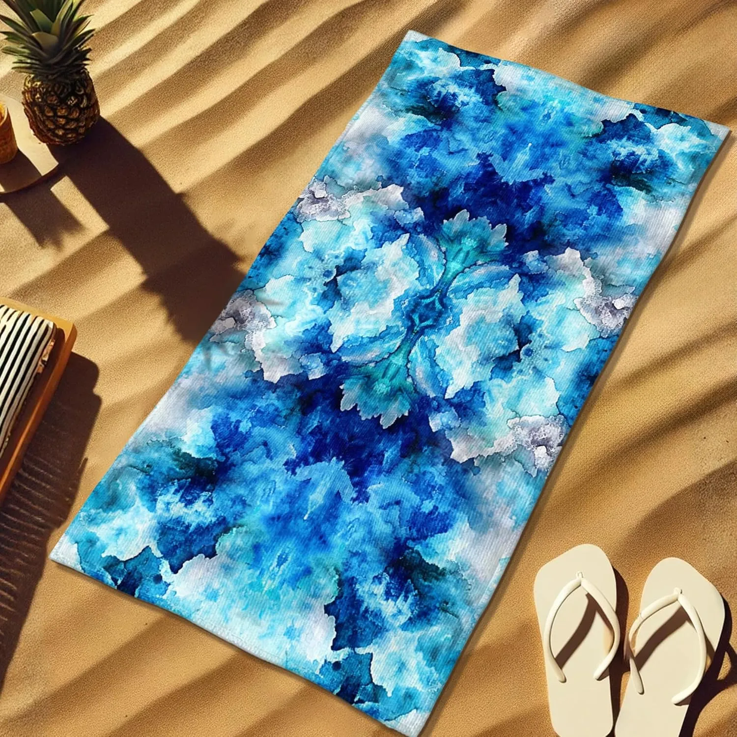 Ocean Waves Microfiber Beach Towel Blue Abstract Watercolor Design Quick Dry Absorbent Soft Lightweight Sand Free Bath Blanket Pool Travel Picnic Essentials 62x31 Inch