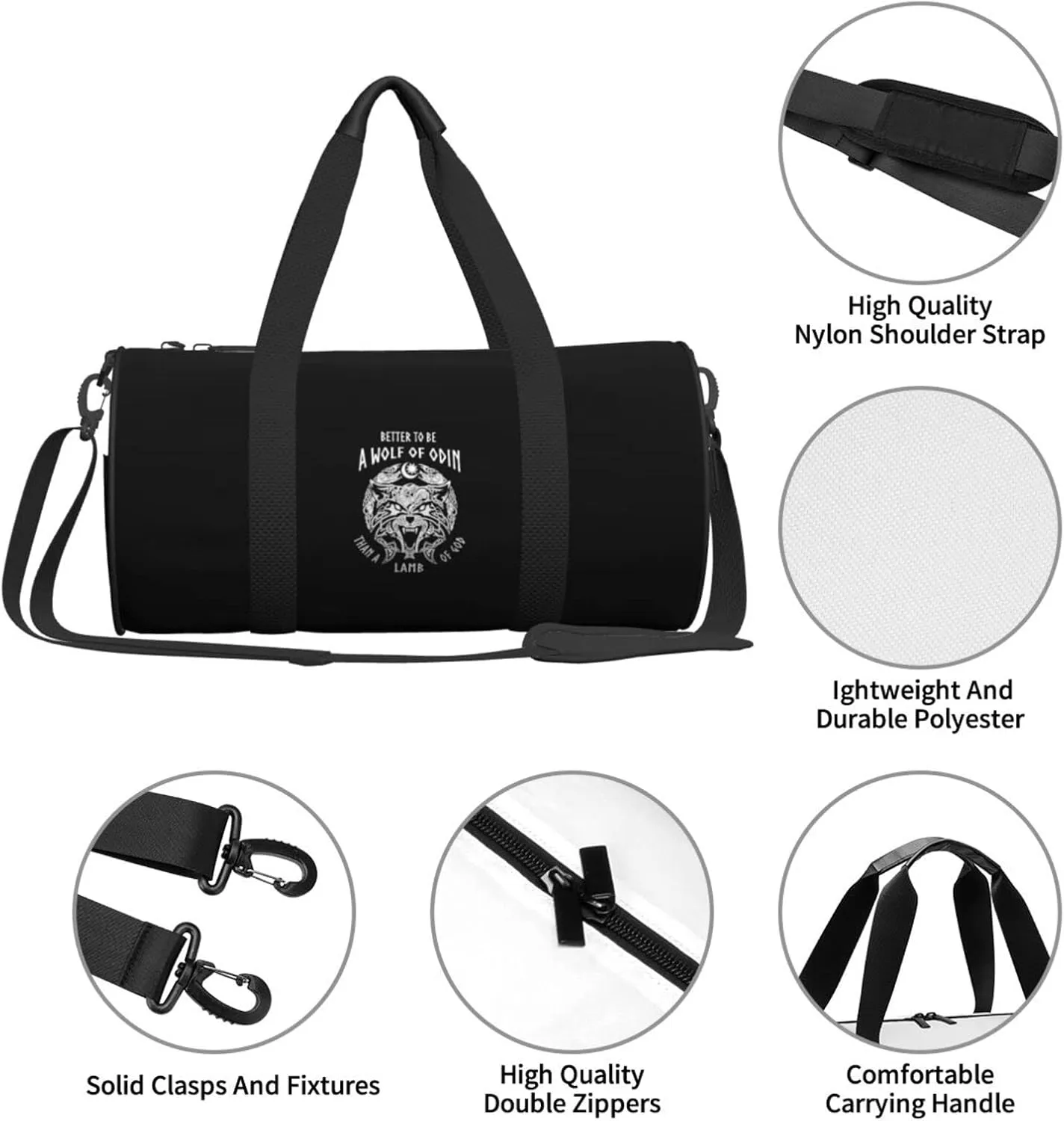Odin Viking Norse Wolf Travel Luggage Duffel Bag Sports Rolling Foldable Duffel Bag, Black