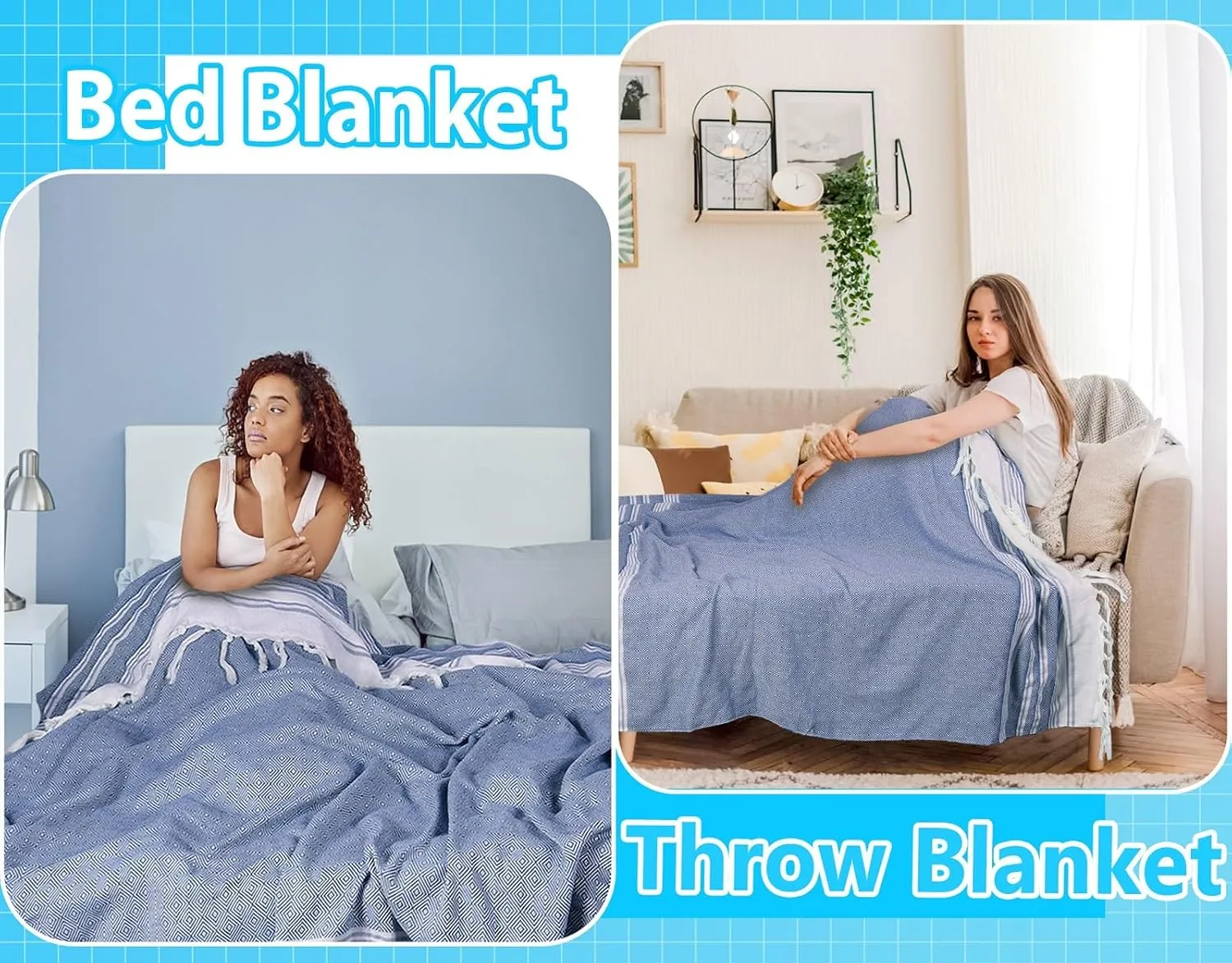 Oversized Cotton Turkish Beach Towel Blanket Giant XL Sandproof Boho Sand Free Towels Huge Jumbo XXL Extra Large Big Throw Quilt Blankets Cloud Blue
