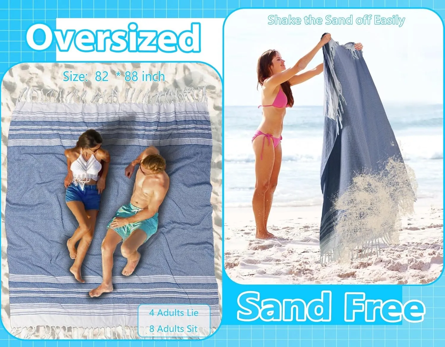 Oversized Cotton Turkish Beach Towel Blanket Giant XL Sandproof Boho Sand Free Towels Huge Jumbo XXL Extra Large Big Throw Quilt Blankets Cloud Blue