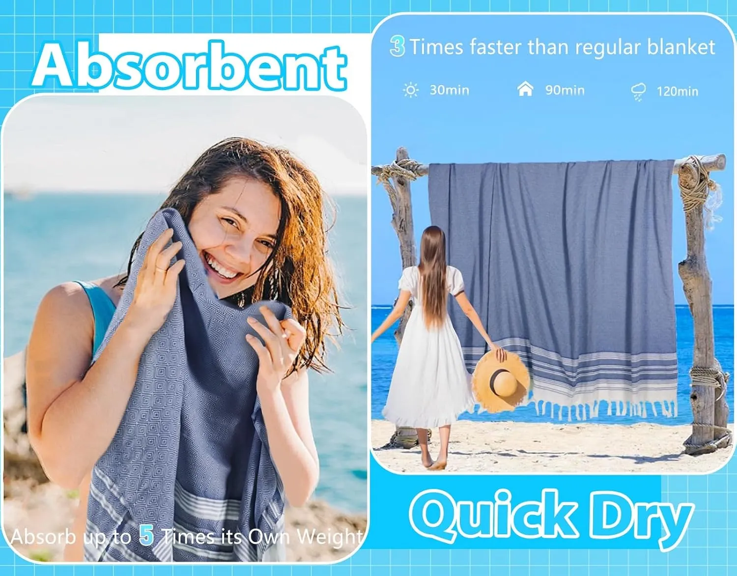 Oversized Cotton Turkish Beach Towel Blanket Giant XL Sandproof Boho Sand Free Towels Huge Jumbo XXL Extra Large Big Throw Quilt Blankets Cloud Blue