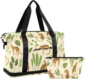 Oyihfvs Seamless Retro Pattern with Leopards and Green Tropical Leaves Foldable Travel Bag, Camping Luggage bag, Portable Gym Bag, Sports Bag, Toiletry Bag with Handles Adjustable Shoulder Strap