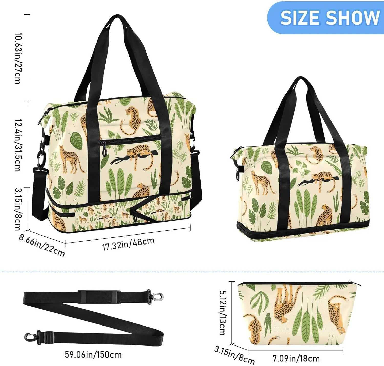 Oyihfvs Seamless Retro Pattern with Leopards and Green Tropical Leaves Foldable Travel Bag, Camping Luggage bag, Portable Gym Bag, Sports Bag, Toiletry Bag with Handles Adjustable Shoulder Strap