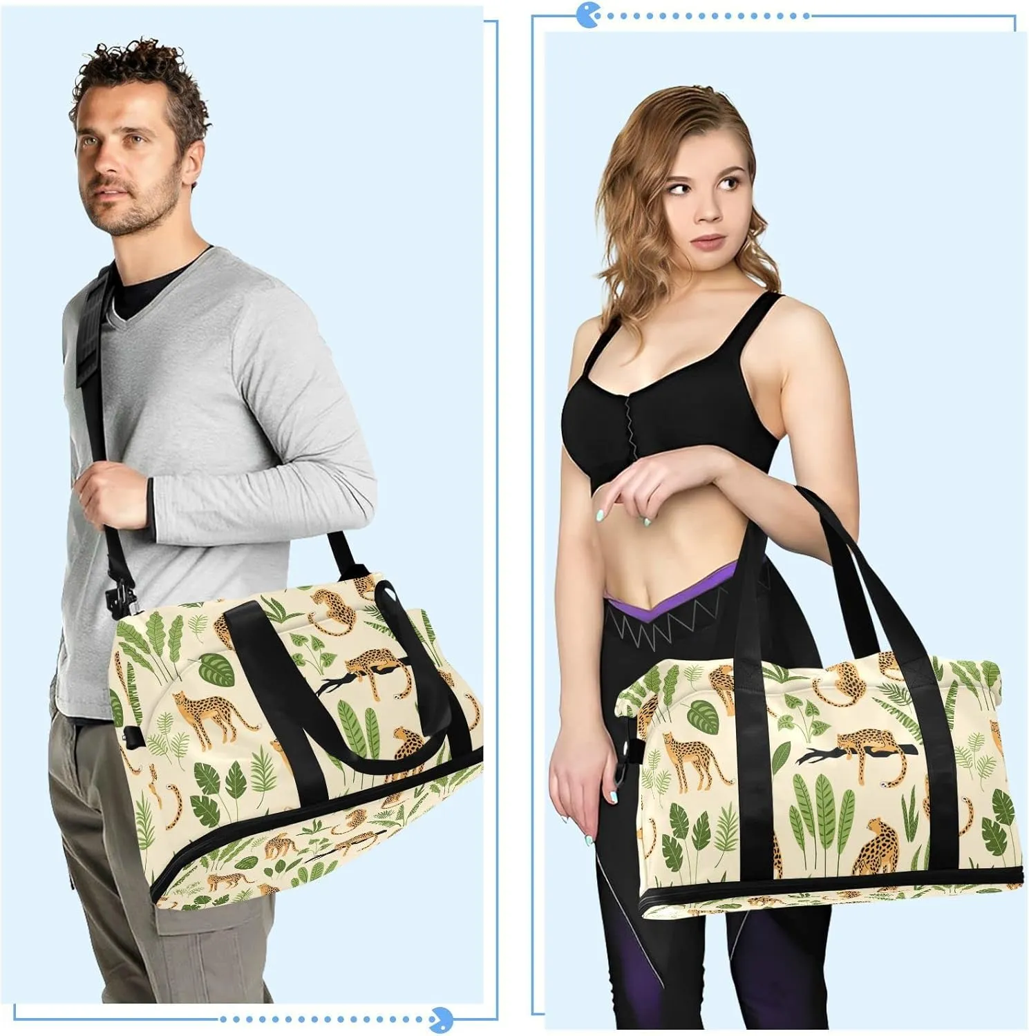 Oyihfvs Seamless Retro Pattern with Leopards and Green Tropical Leaves Foldable Travel Bag, Camping Luggage bag, Portable Gym Bag, Sports Bag, Toiletry Bag with Handles Adjustable Shoulder Strap
