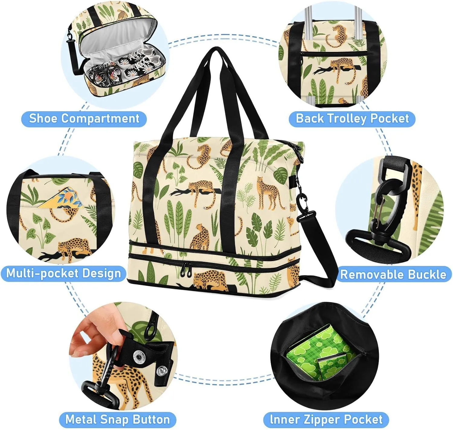 Oyihfvs Seamless Retro Pattern with Leopards and Green Tropical Leaves Foldable Travel Bag, Camping Luggage bag, Portable Gym Bag, Sports Bag, Toiletry Bag with Handles Adjustable Shoulder Strap