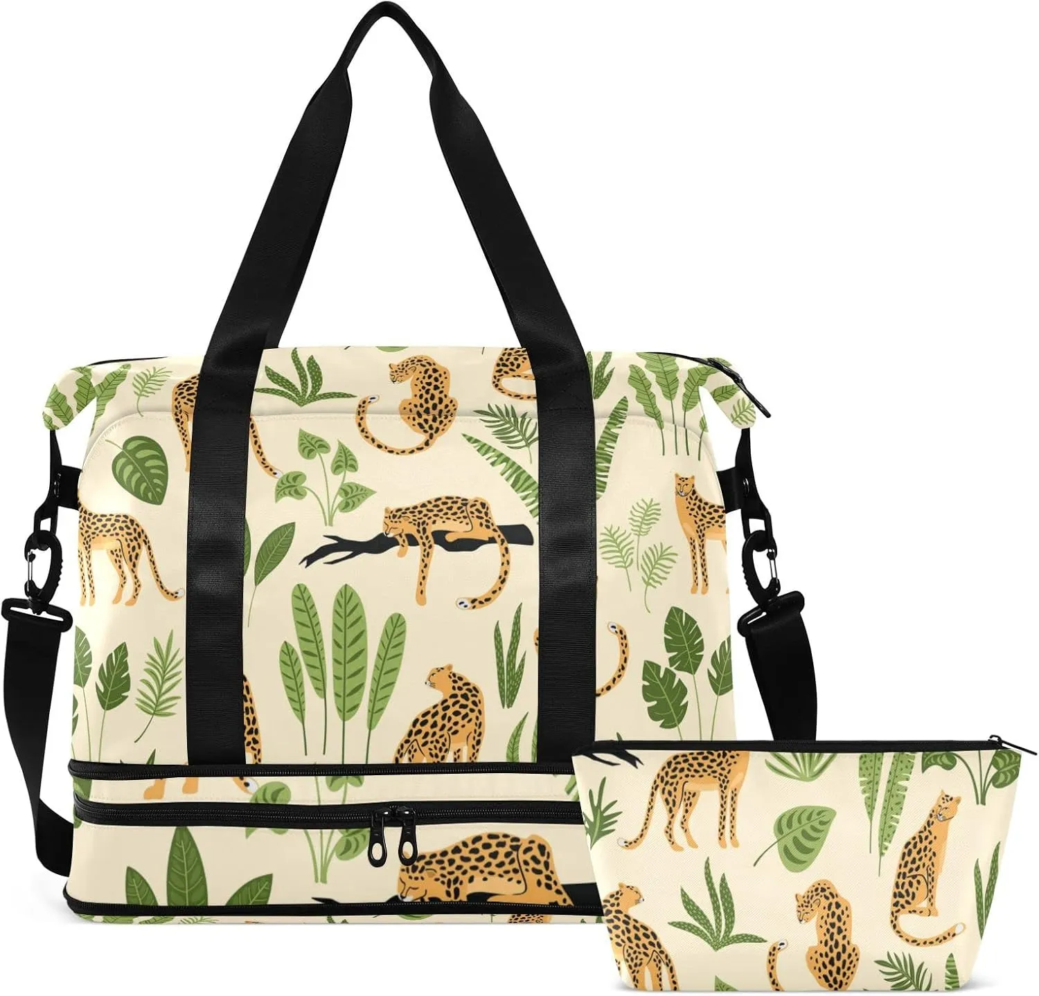 Oyihfvs Seamless Retro Pattern with Leopards and Green Tropical Leaves Foldable Travel Bag, Camping Luggage bag, Portable Gym Bag, Sports Bag, Toiletry Bag with Handles Adjustable Shoulder Strap