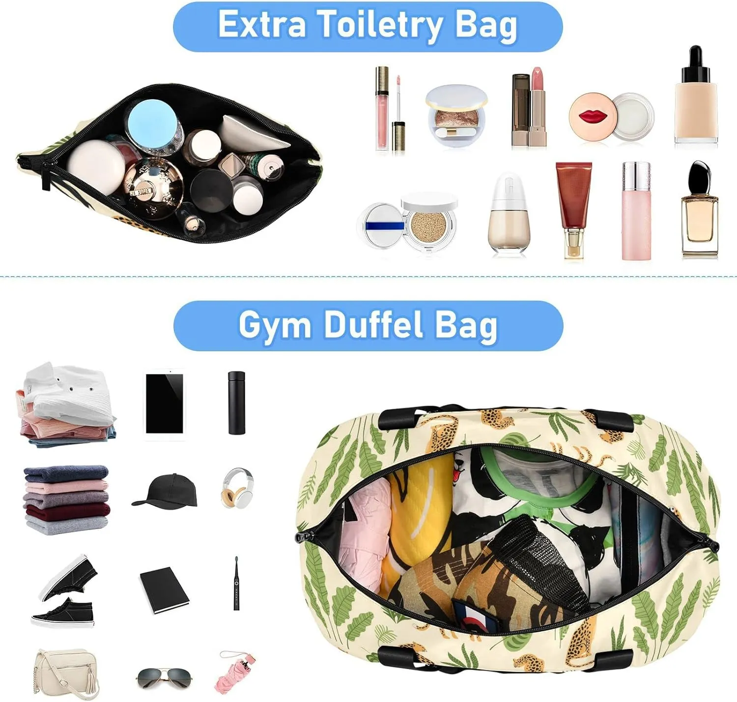 Oyihfvs Seamless Retro Pattern with Leopards and Green Tropical Leaves Foldable Travel Bag, Camping Luggage bag, Portable Gym Bag, Sports Bag, Toiletry Bag with Handles Adjustable Shoulder Strap