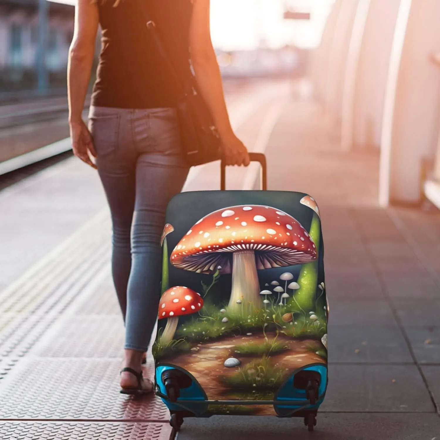 Painting Mushroom Travel Luggage Cover Suitcase Protector Fits 18-22 Inch Luggage,Anti Scratch Dirt Covers