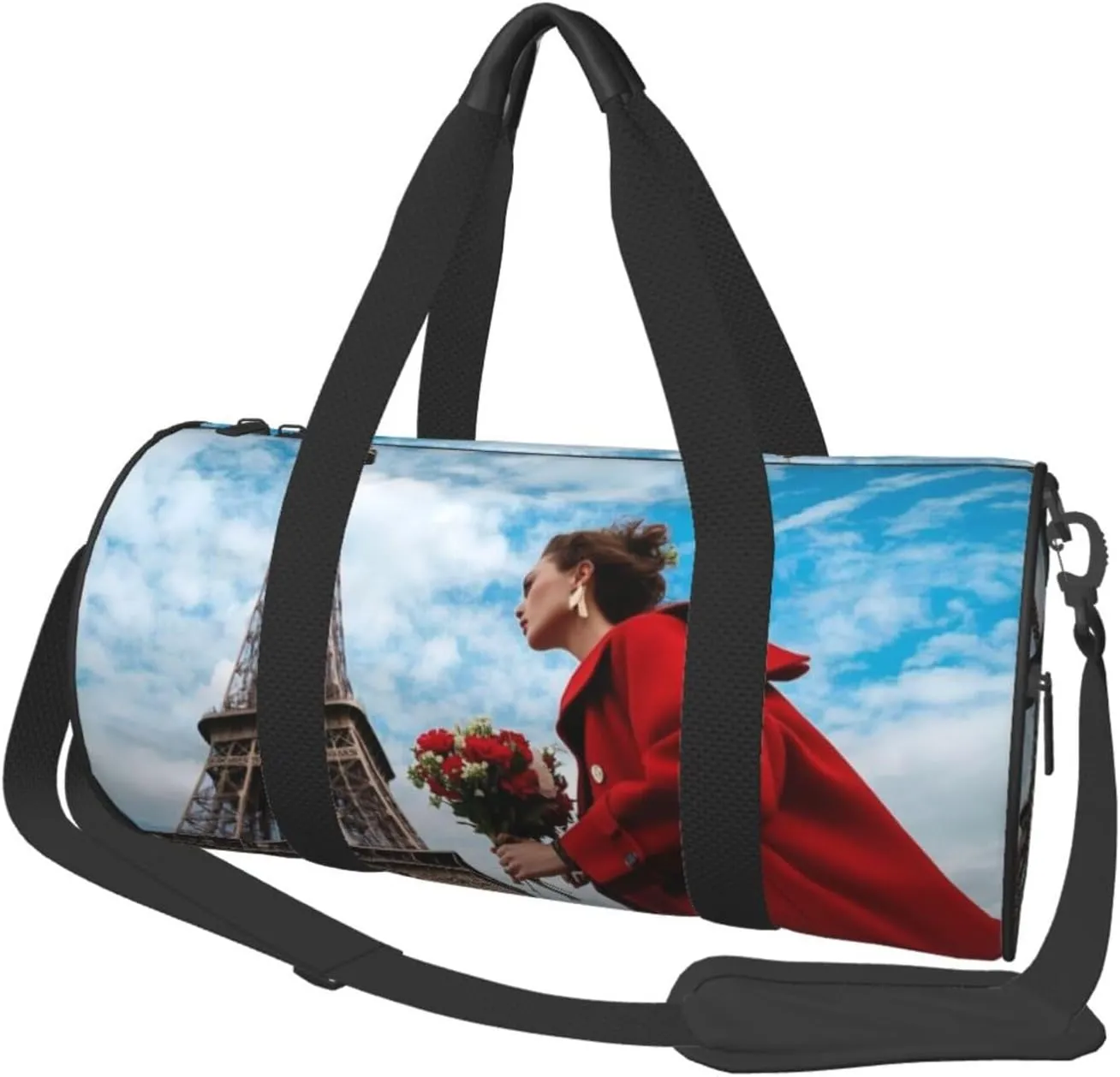 Paris Tower Flower Print Round Large Capacity Travel Luggage Bags,Men's and Women's Hand-Held Travel Clothing Bags