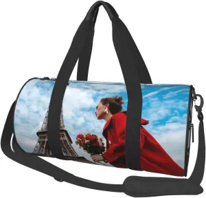 Paris Tower Flower Print Round Large Capacity Travel Luggage Bags,Men's and Women's Hand-Held Travel Clothing Bags