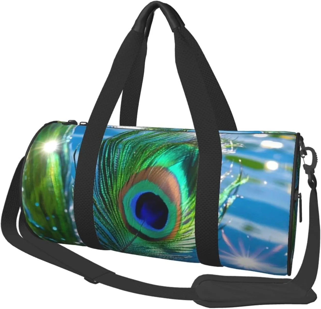 Peacock Green Feather Print Round Large Capacity Travel Luggage Bags,Men's and Women's Hand-Held Travel Clothing Bags