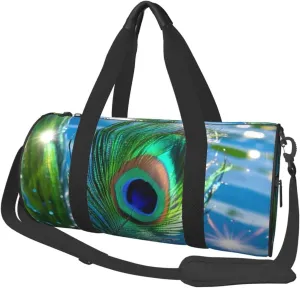 Peacock Green Feather Print Round Large Capacity Travel Luggage Bags,Men's and Women's Hand-Held Travel Clothing Bags