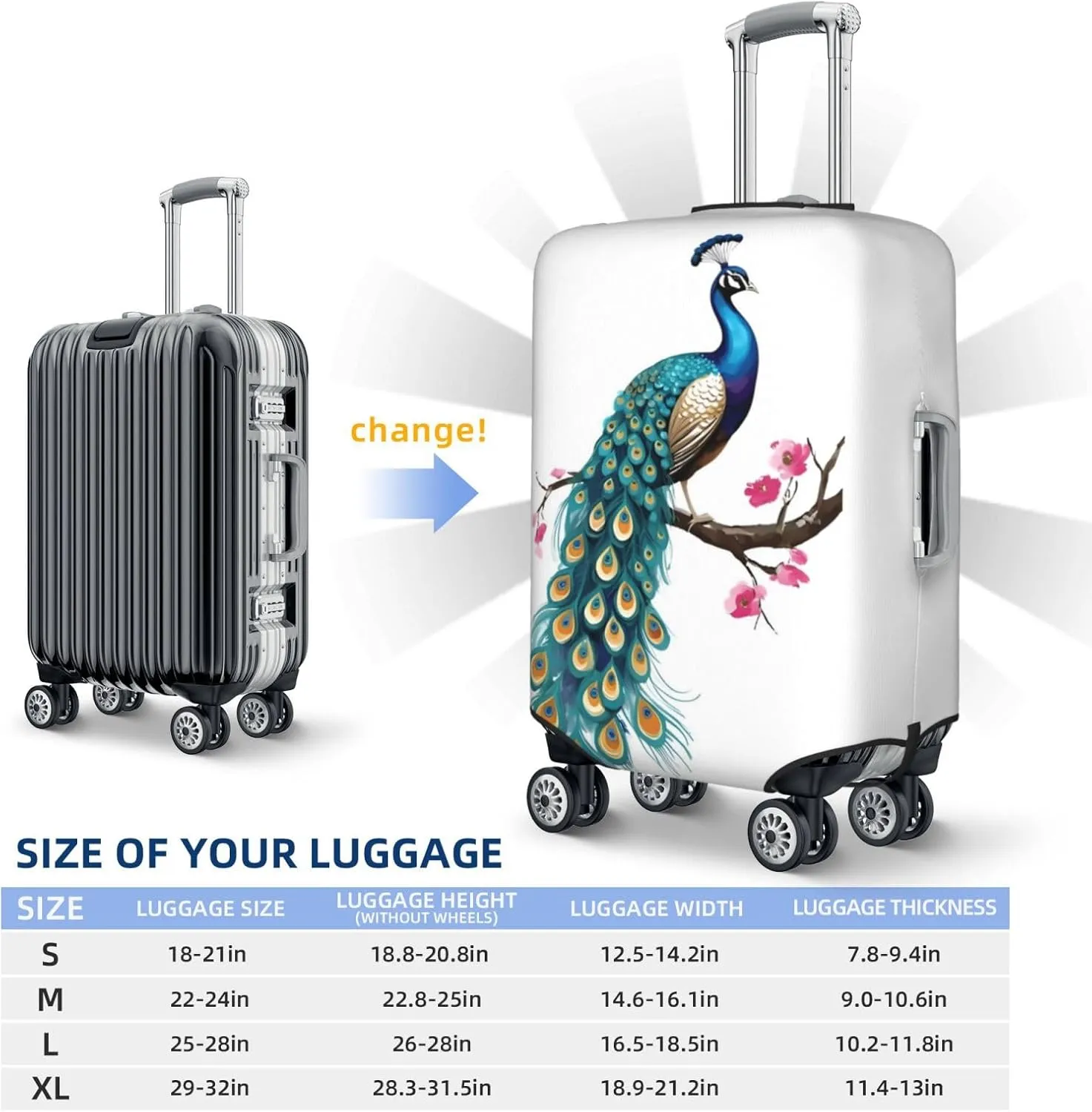 Peacock Travel Luggage Cover Fits 18-32 Inch Luggage, Elastic Suitcase Cover Protector with Concealed Zipper for Wheeled Suitcase Travel Accessories