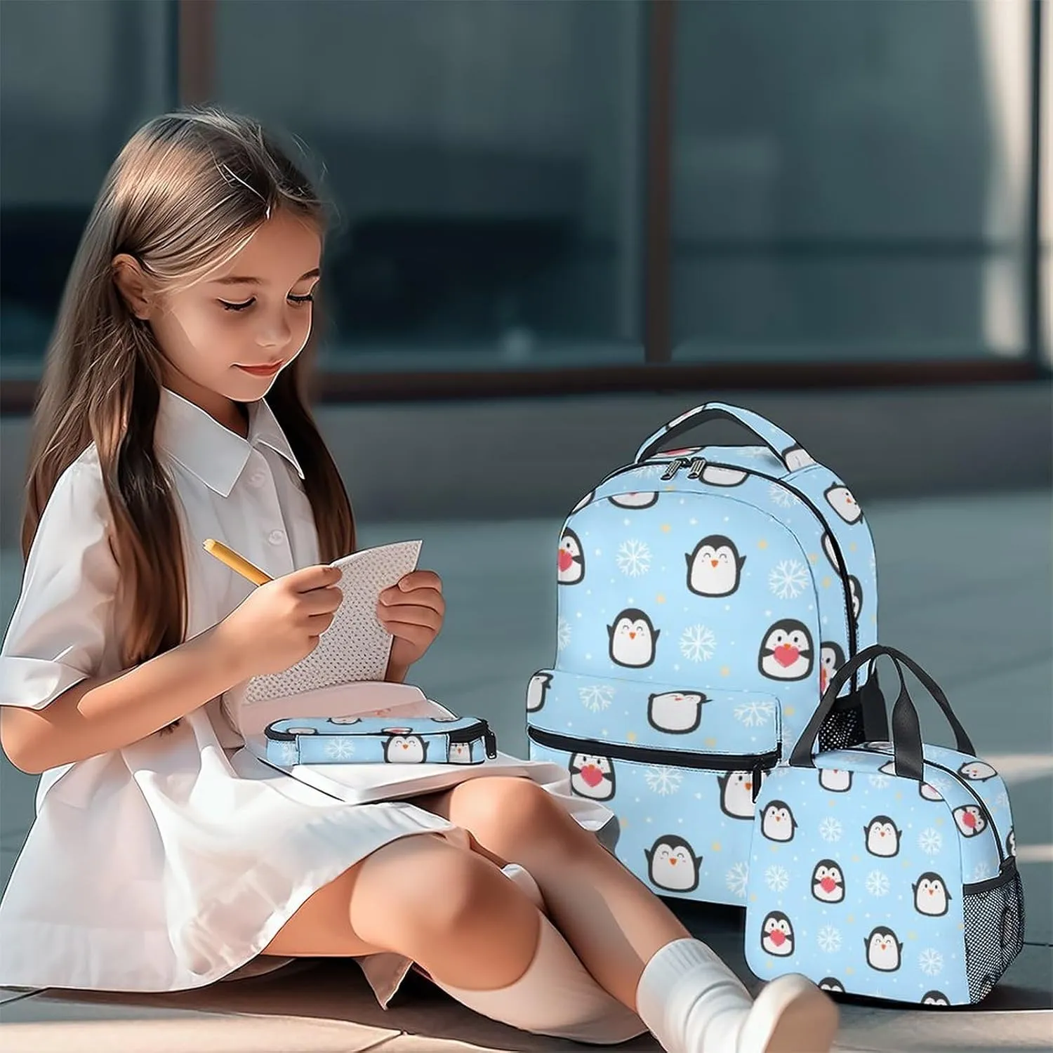 Penguin Backpack with Lunch Box, Set of 3 School Backpacks Matching Combo for Girls Boys, Cute Blue Bookbag and Pencil Case Bundle