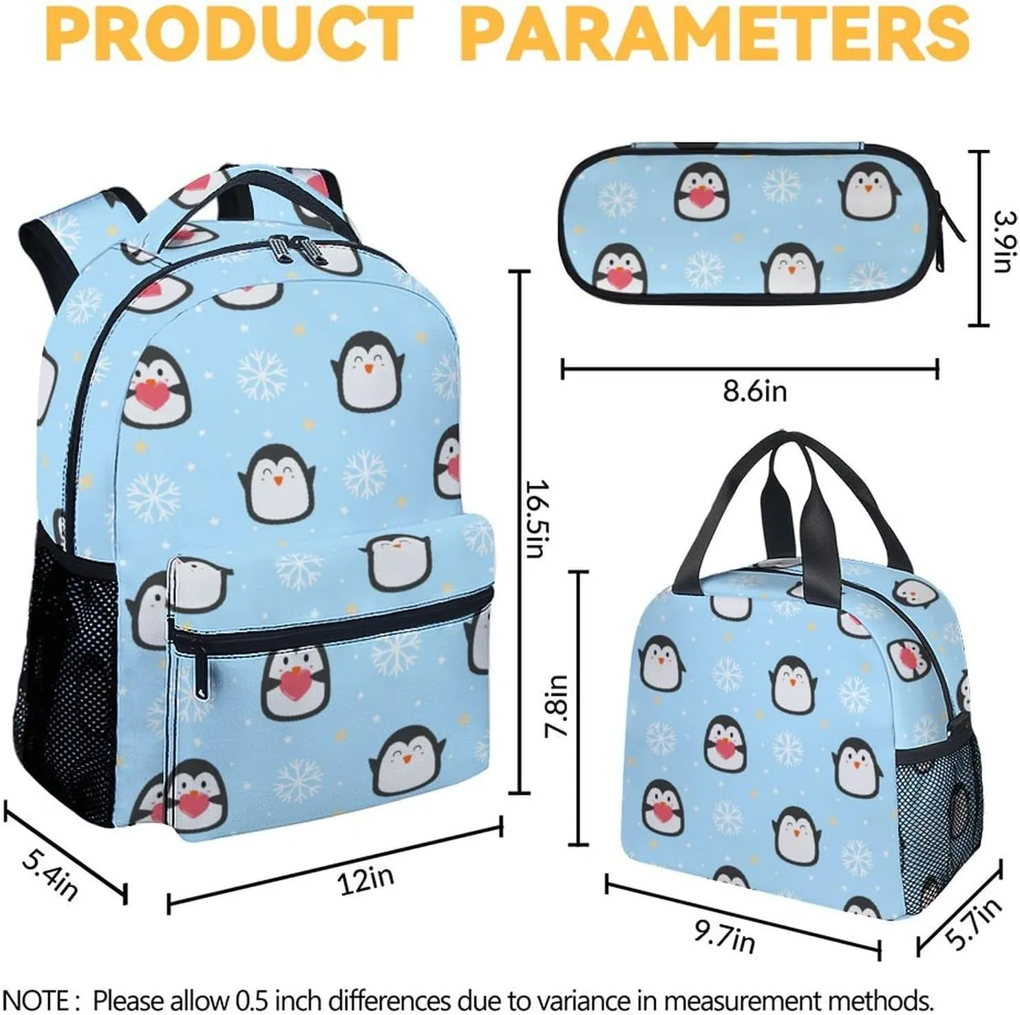Penguin Backpack with Lunch Box, Set of 3 School Backpacks Matching Combo for Girls Boys, Cute Blue Bookbag and Pencil Case Bundle