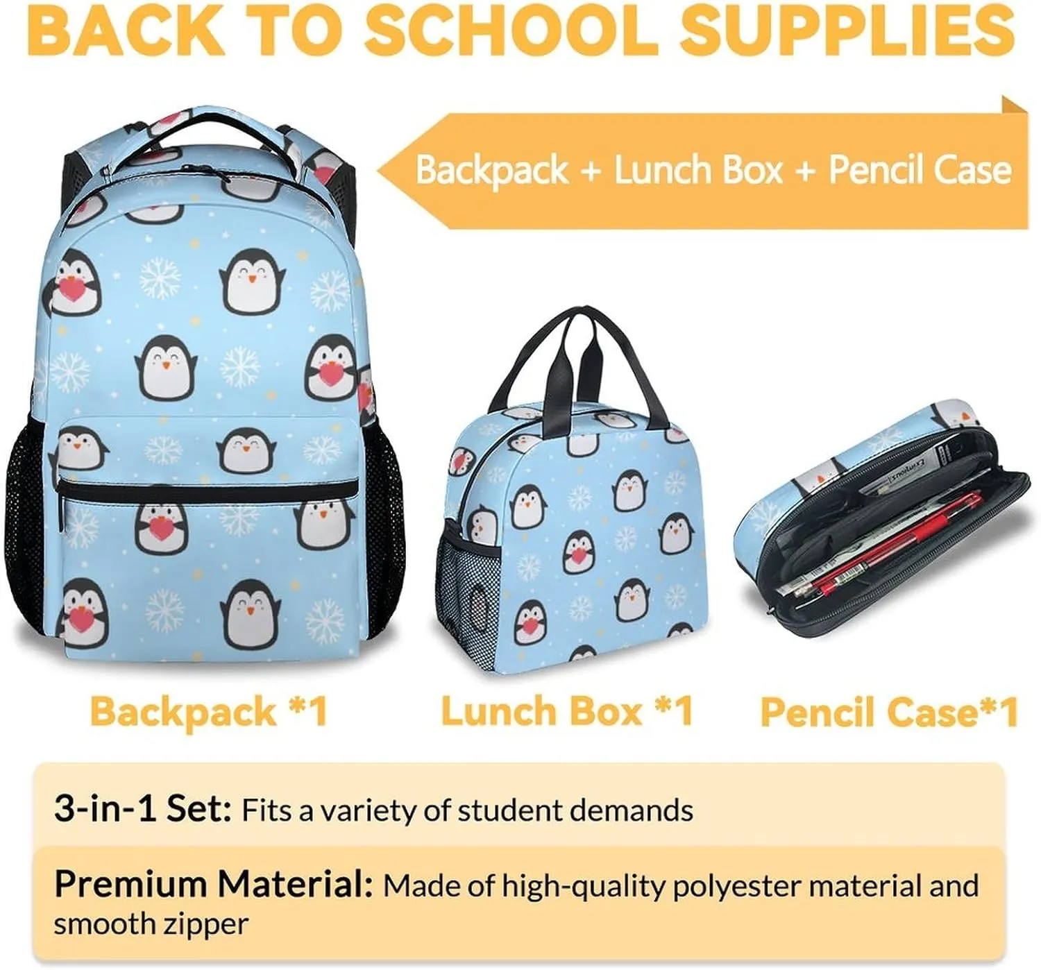 Penguin Backpack with Lunch Box, Set of 3 School Backpacks Matching Combo for Girls Boys, Cute Blue Bookbag and Pencil Case Bundle