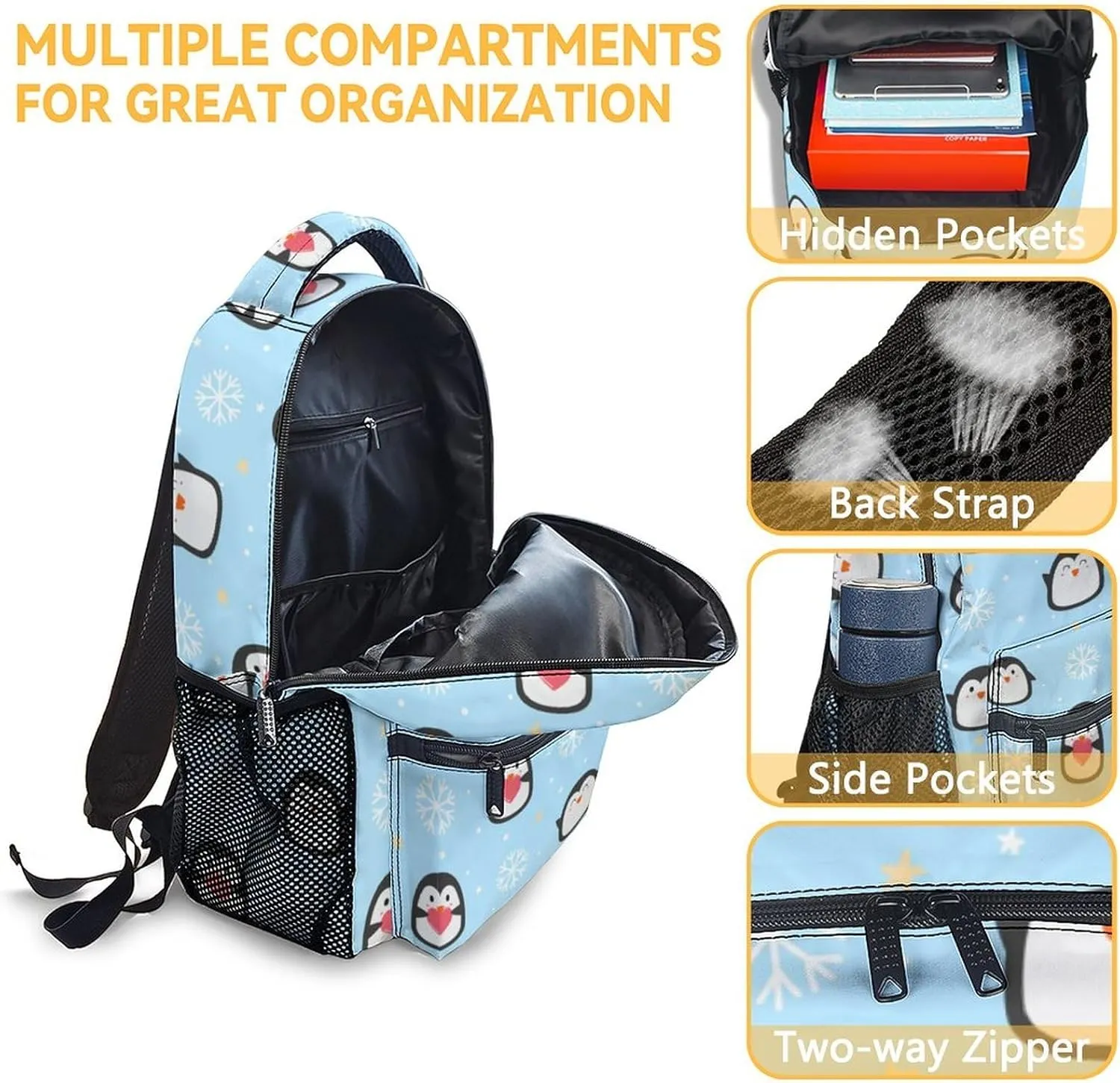 Penguin Backpack with Lunch Box, Set of 3 School Backpacks Matching Combo for Girls Boys, Cute Blue Bookbag and Pencil Case Bundle