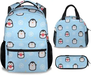 Penguin Backpack with Lunch Box, Set of 3 School Backpacks Matching Combo for Girls Boys, Cute Blue Bookbag and Pencil Case Bundle