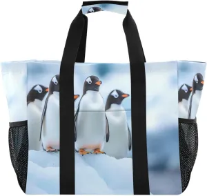 Penguins Standing on An Ice Floe Beach Bags for Women - Waterproof Sandproof Beach Tote with Pocket for Travel Vacation Gym