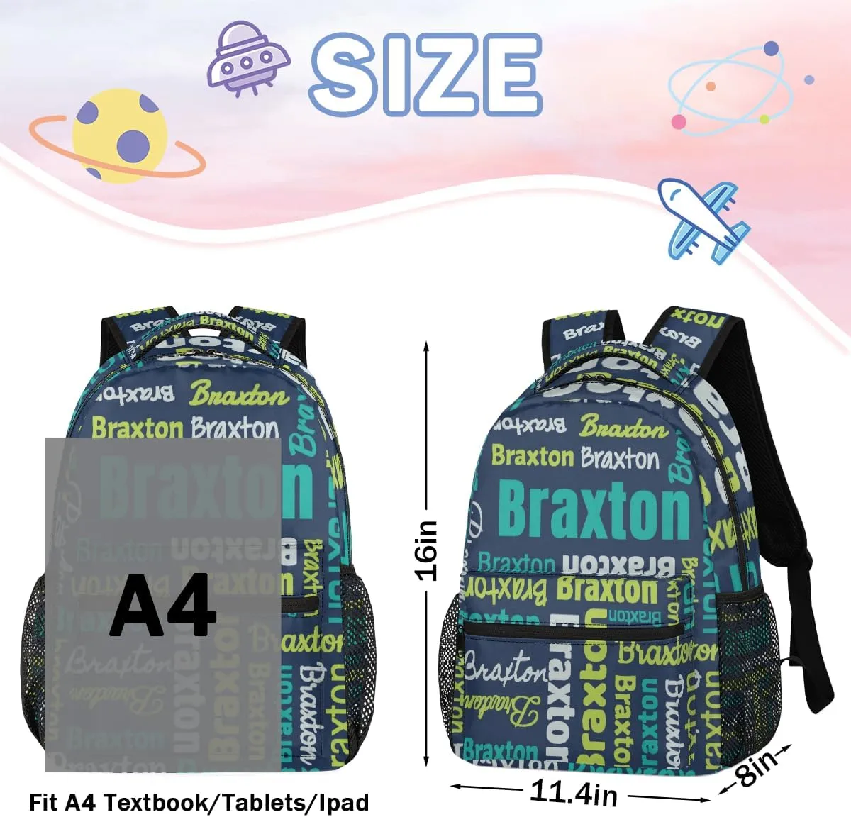 Personalized Backpacks with Name Large Customized Shoulder Bag Gifts for Women Men Waterproof Travel Casual Backpack 16in, Blue Yellow