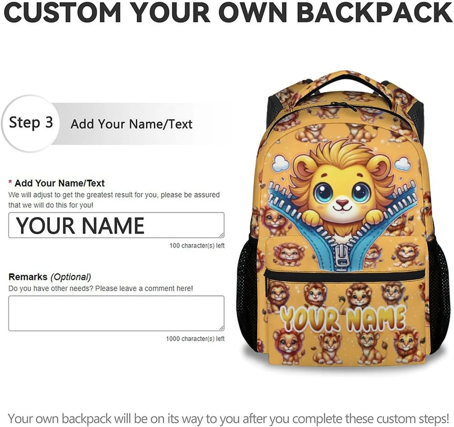 Personalized Lion Backpacks for Kids, 17 Inch Cute Kindergarten Backpack for Girls, Lightweight Bookbag for Primary School