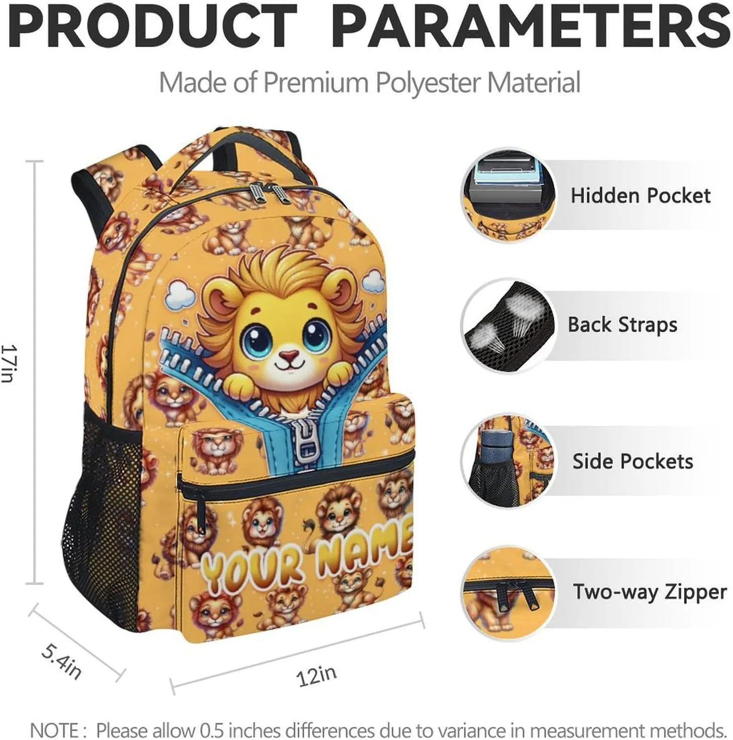 Personalized Lion Backpacks for Kids, 17 Inch Cute Kindergarten Backpack for Girls, Lightweight Bookbag for Primary School
