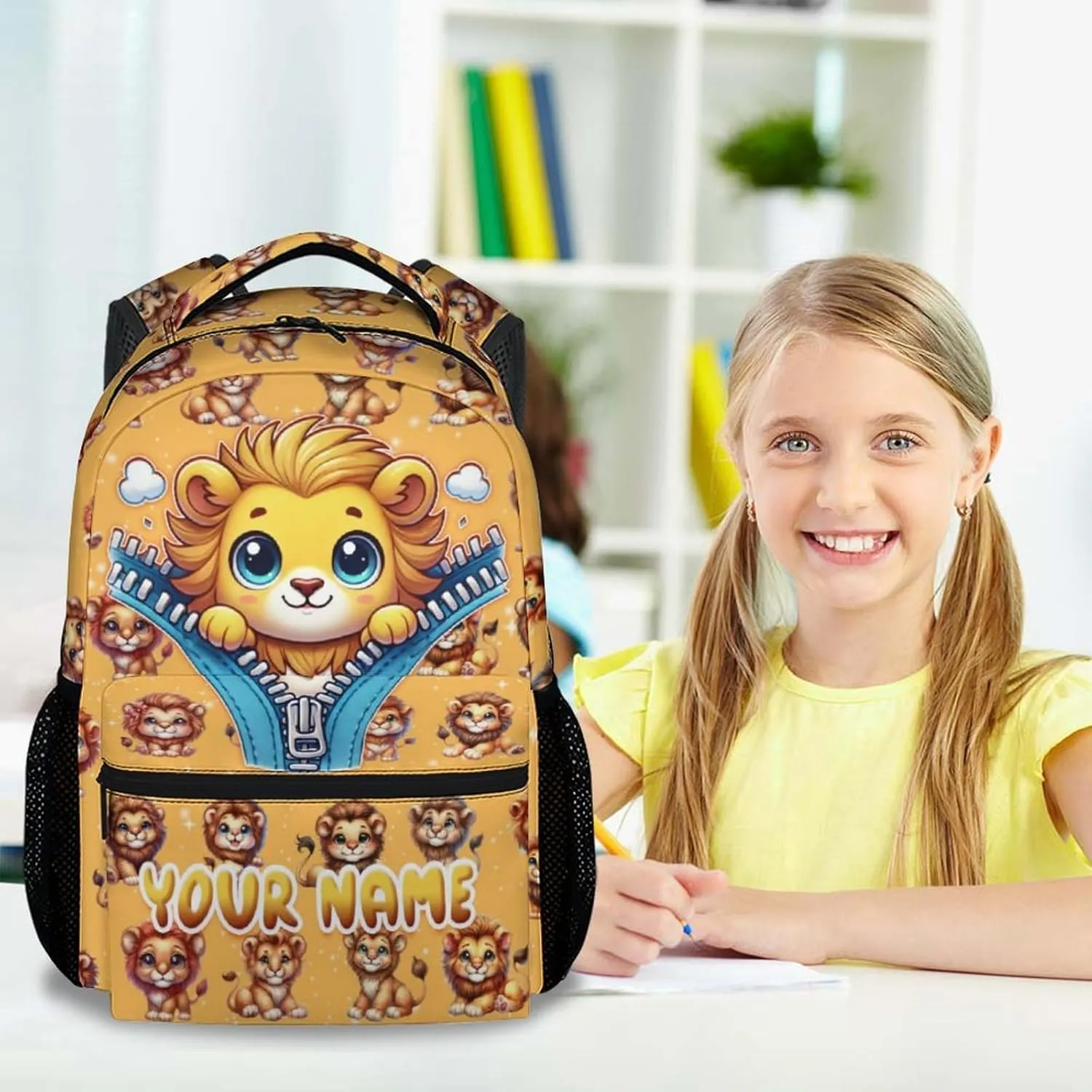 Personalized Lion Backpacks for Kids, 17 Inch Cute Kindergarten Backpack for Girls, Lightweight Bookbag for Primary School