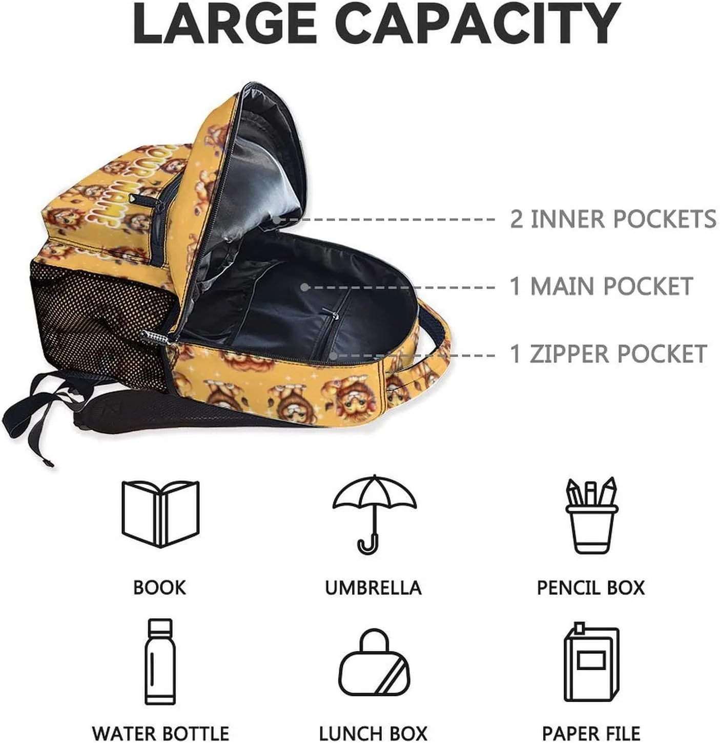 Personalized Lion Backpacks for Kids, 17 Inch Cute Kindergarten Backpack for Girls, Lightweight Bookbag for Primary School