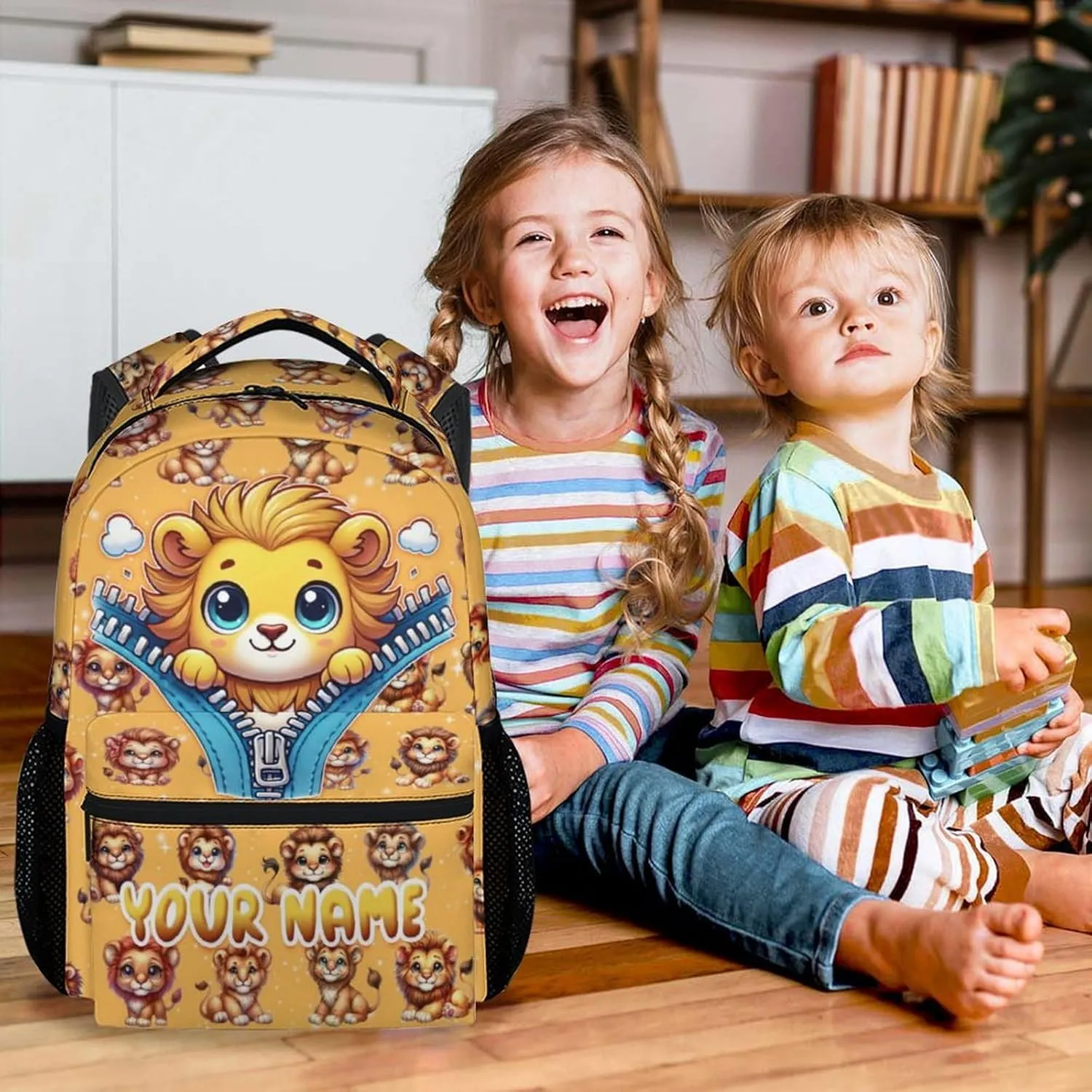 Personalized Lion Backpacks for Kids, 17 Inch Cute Kindergarten Backpack for Girls, Lightweight Bookbag for Primary School