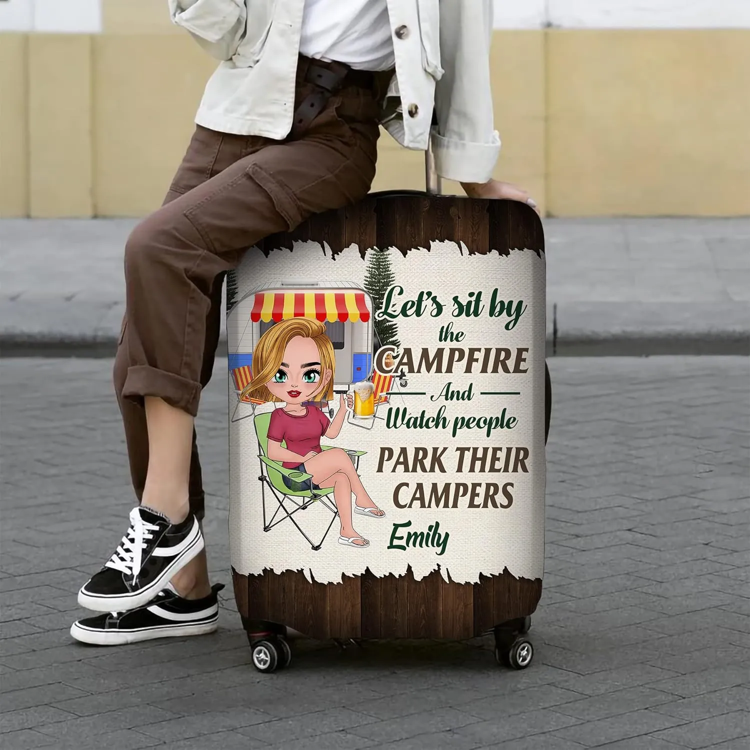 Personalized Name Let’s Sit by The Campfire Luggage Cover Travel Luggage Cover Protector Travel Bag Covers Travel Bag Covers Gift for Traveling Lovers 13