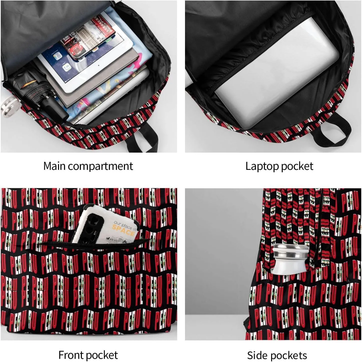 Peru Peruvian Flag Casual Backpack Large Capacity Travel Backpacks Laptop Daypack Commuter Rucksack Adjustable Strap Sports Bags for Hiking Biking