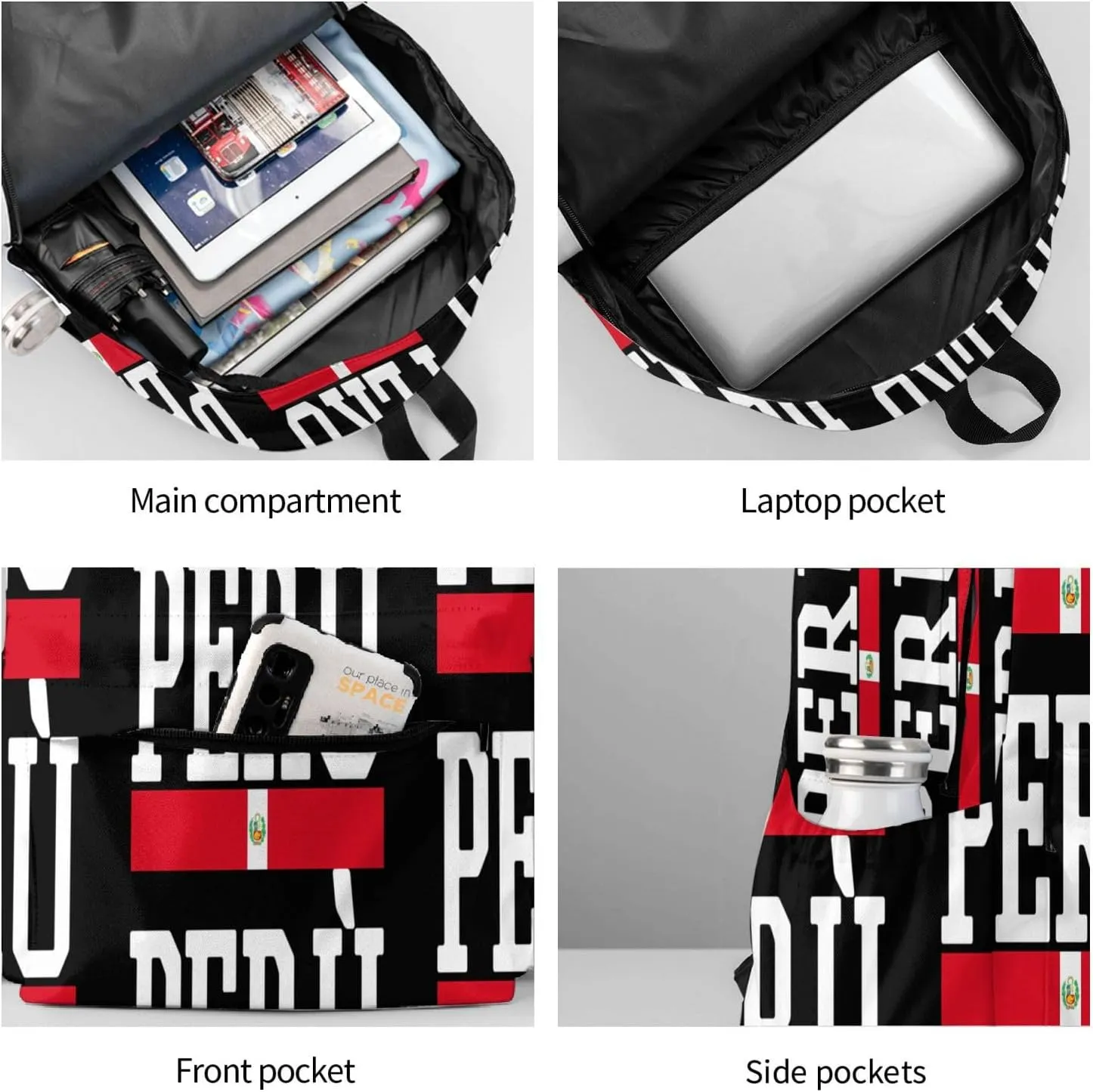 Peruvian Peru Flag Casual Backpack Large Capacity Travel Backpacks Laptop Daypack Commuter Rucksack Adjustable Strap Sports Bags for Hiking Biking