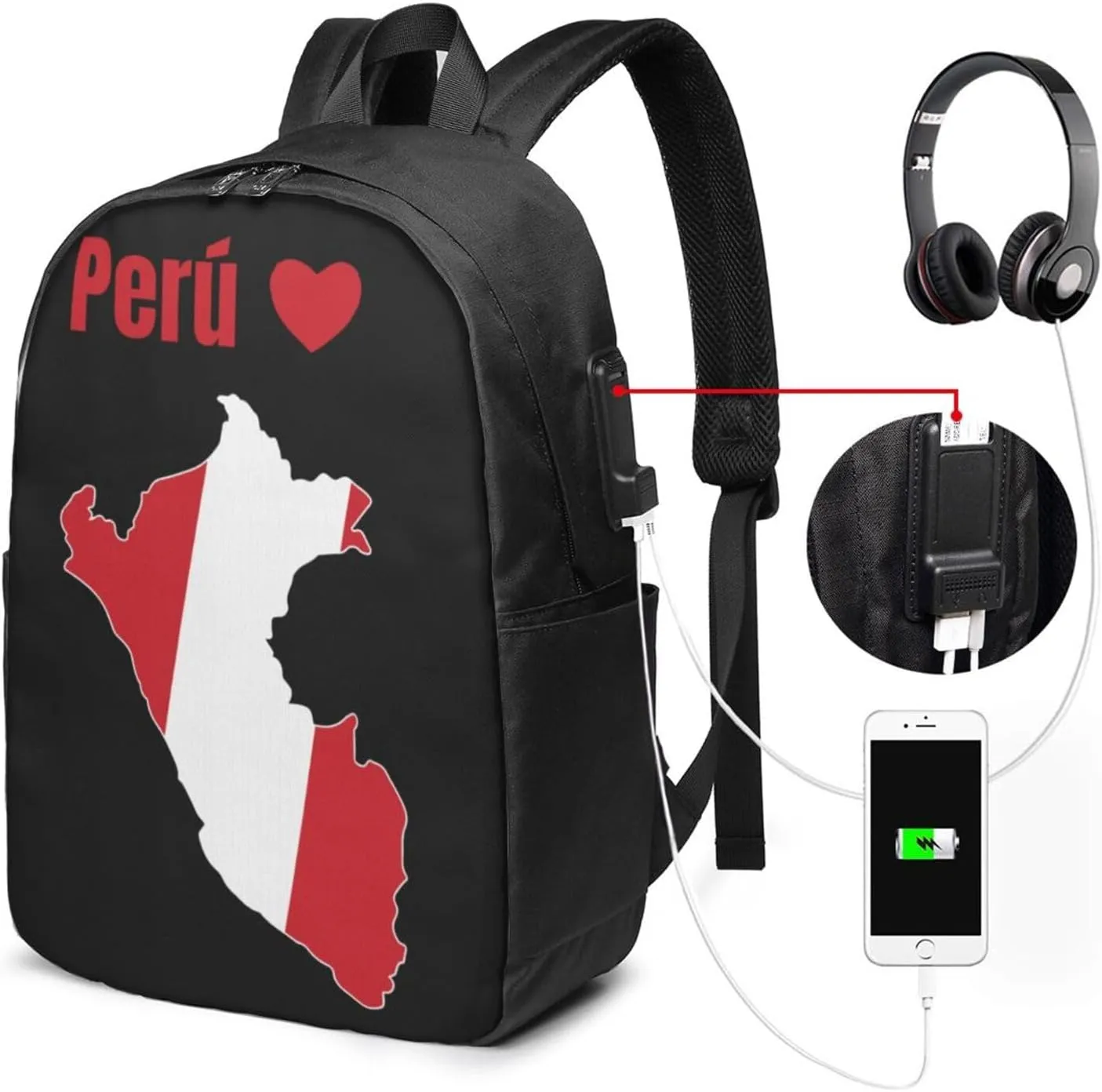 Peruvian Peru Map Flag Laptop Backpacks Travel Backpack Casual Business Daypack Sport Rucksack Computer Bag Fits up to 17 Inch Notebook with USB Port