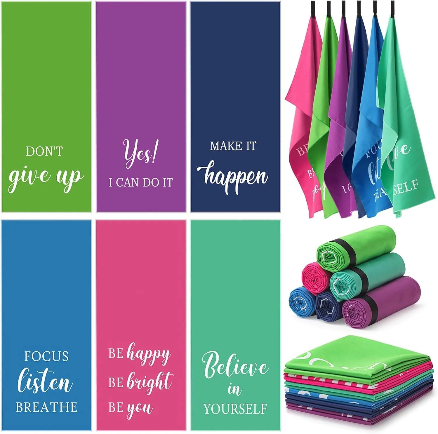 Peryiter 6 Pack Microfiber Quick Dry Gym Towel Cute Double Sided Printed Quick Drying Towel with Black Webbing Buckle Soft Lightweight Beach Towel for Women Bath Camping Swimming