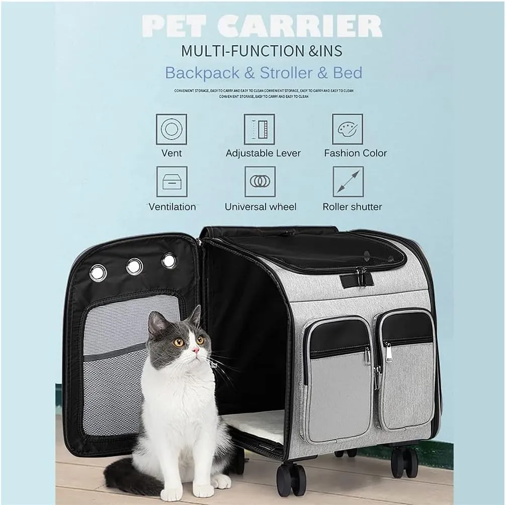 Pet Carrier Backpack Pet Stroller, Wheeled Cat Carrier Backpacks 28 Lb for Small Dogs Puppy and Medium Cats, Flax Breathable Mesh Ventilation Windows, Pet Bag (Color : Dark Gray)