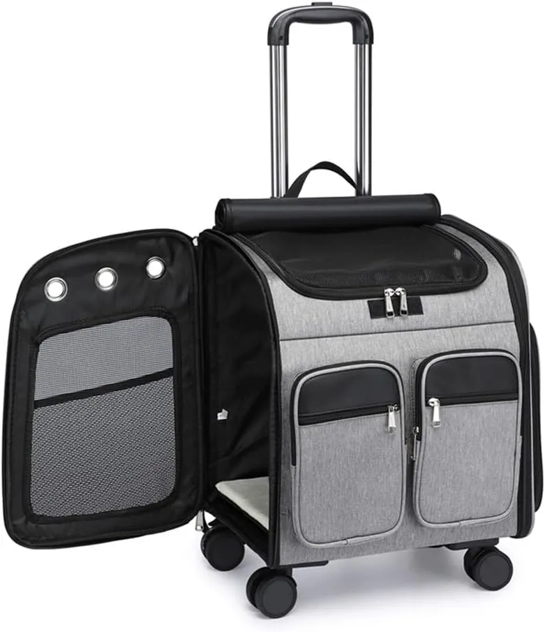 Pet Carrier Backpack Pet Stroller, Wheeled Cat Carrier Backpacks 28 Lb for Small Dogs Puppy and Medium Cats, Flax Breathable Mesh Ventilation Windows, Pet Bag (Color : Dark Gray)