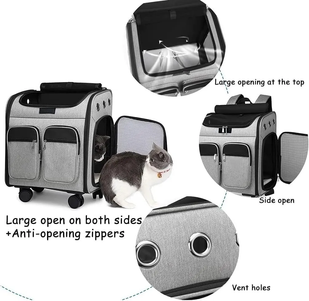 Pet Carrier Backpack Pet Stroller, Wheeled Cat Carrier Backpacks 28 Lb for Small Dogs Puppy and Medium Cats, Flax Breathable Mesh Ventilation Windows, Pet Bag (Color : Dark Gray)