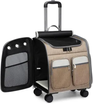 Pet Carrier Backpack Pet Stroller, Wheeled Cat Carrier Backpacks 28 Lb for Small Dogs Puppy and Medium Cats, Flax Breathable Mesh Ventilation Windows, Pet Bag (Color : Khaki)