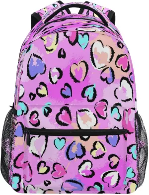 Pfrewn Chaotic Leopard Print with Hearts Backpacks Purse for Women Girls Laptop Notebook Tablet Backpack School Bag Stylish Casual Daypack 16 Inch with Multiple Pockets