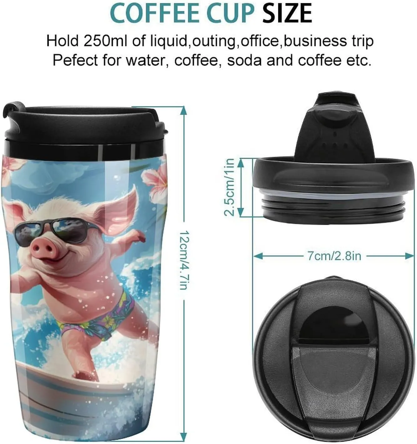 Pigs Surfing Coffee Mug with Lid Portable Tumbler Water Bottle for Travel Business 250ml